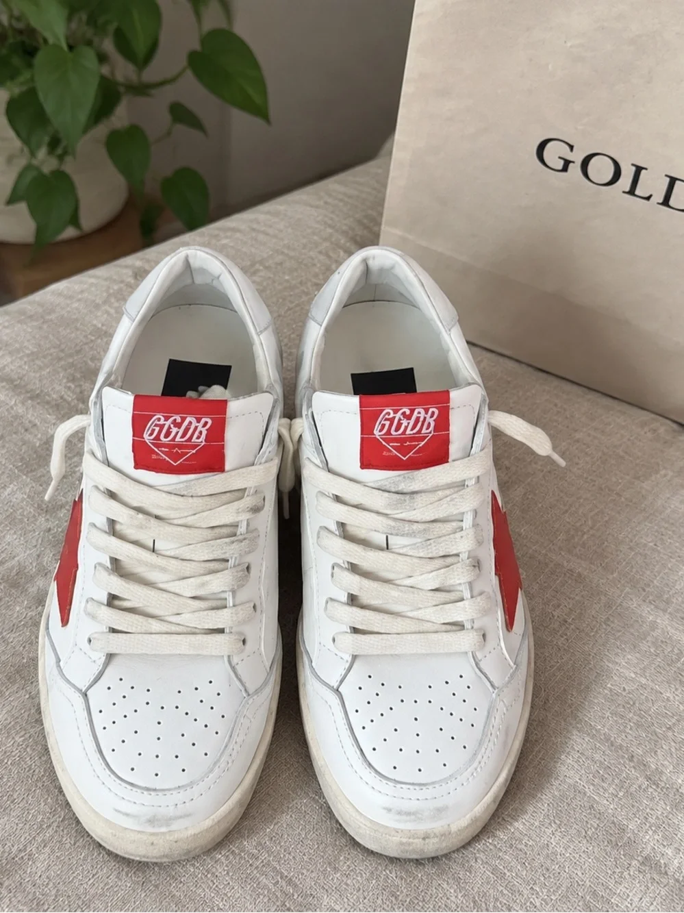 Golden Goose White Leather Sneakers with Red Star and Metallic Heel